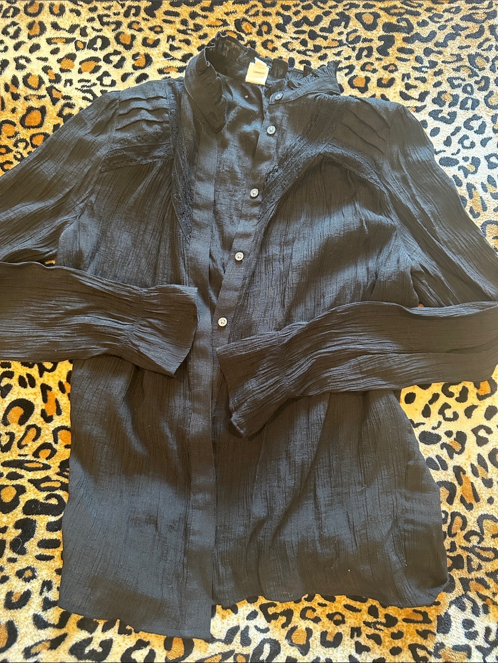 Black Crinkled Lace Yoke Button-Up Blouse GAP XS